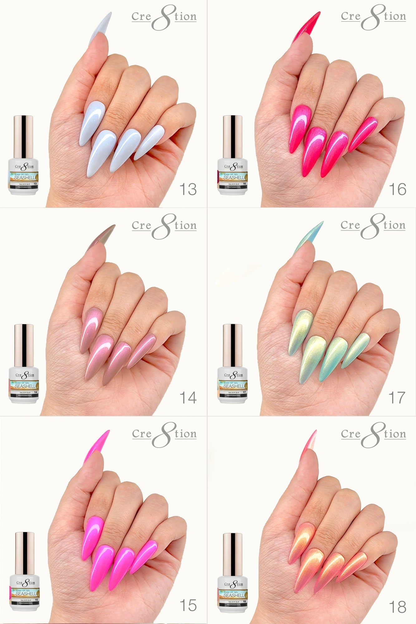 Cre8tion SeaShell Gel 0.5oz - Full Set 18 colors w/ 3 Top Diamond 0.5oz & 1 Color Chart