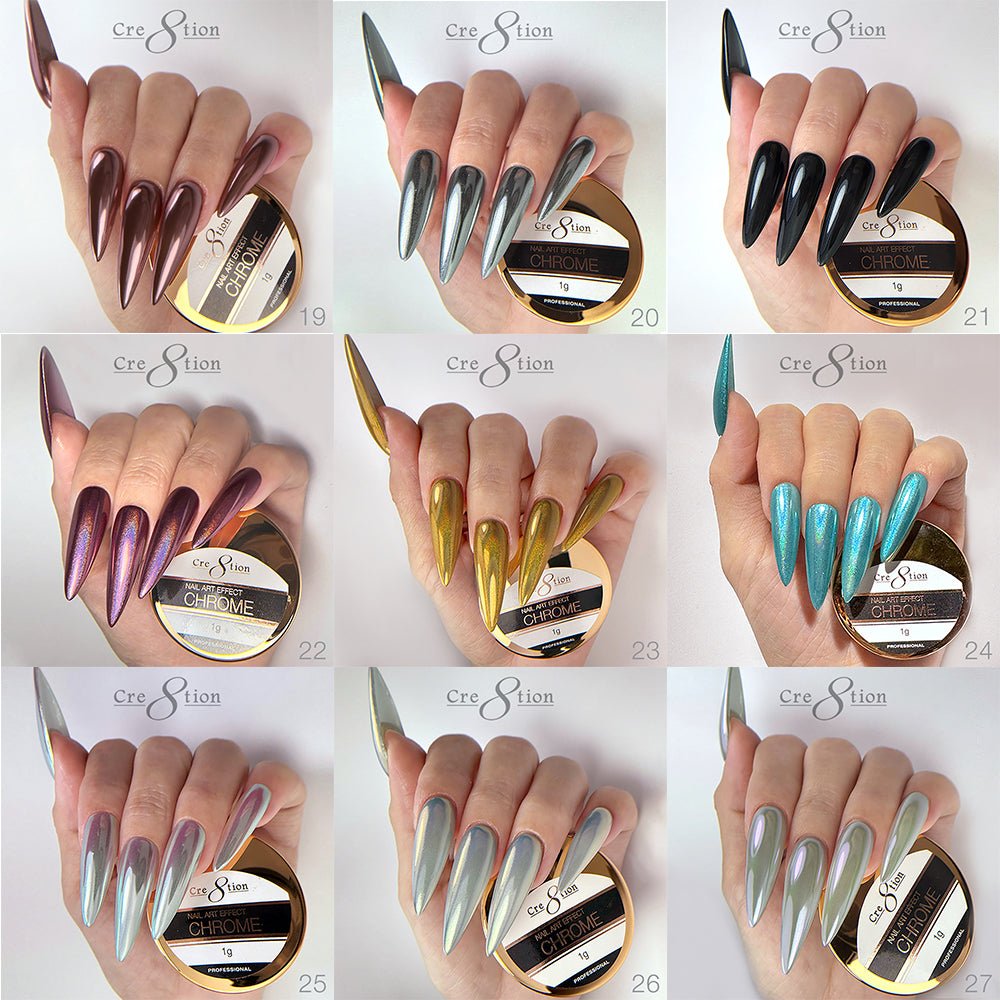 Cre8tion Chrome Nail Art Effect 1g - Full set 36 Colors (#01 - #36) w/ 1 Chrome Base & 1 Chrome Top 0.5oz