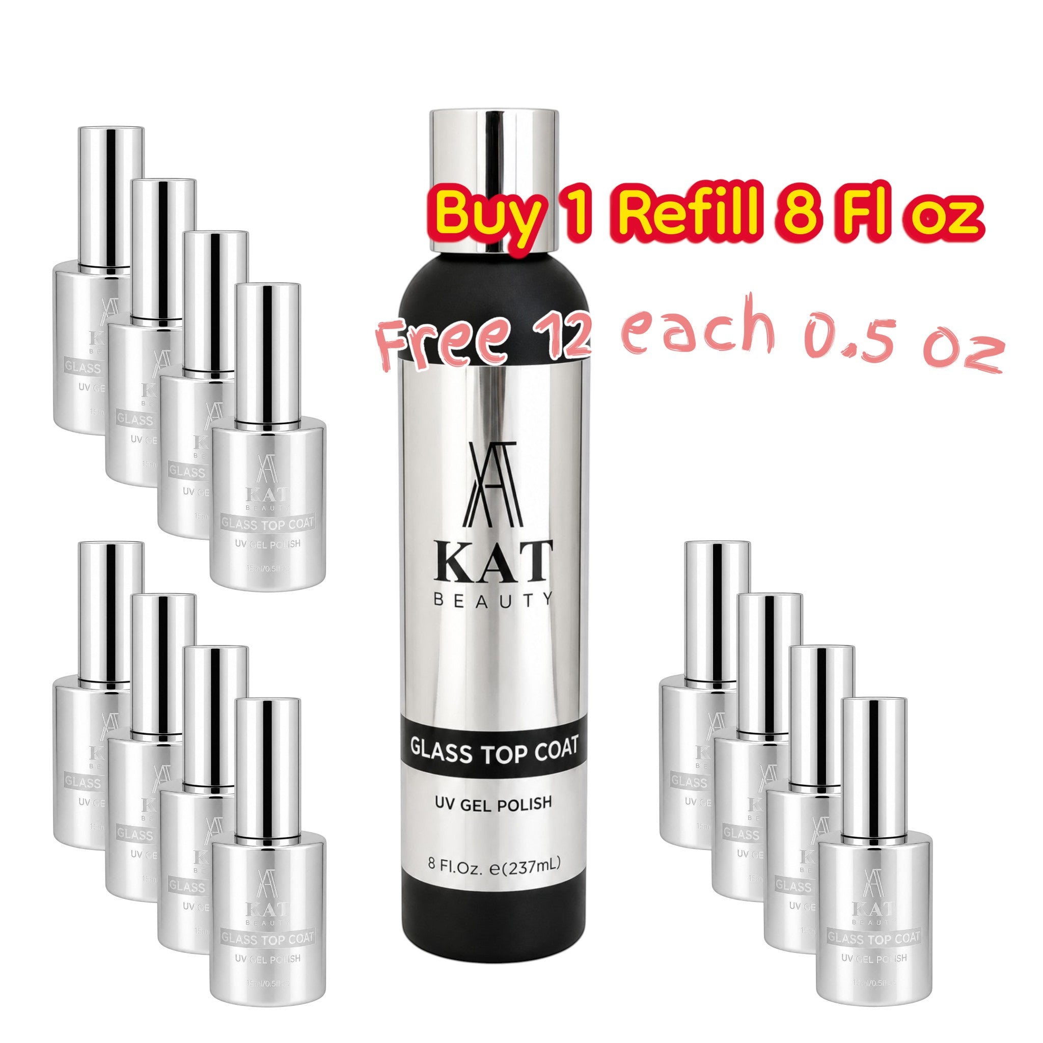 My Store KAT Beauty gel glass top coat set, including one 8oz refill bottle and twelve 0.5oz soak-off polish bottles.